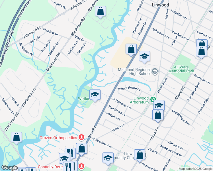 map of restaurants, bars, coffee shops, grocery stores, and more near 17 Catalina Drive in Linwood
