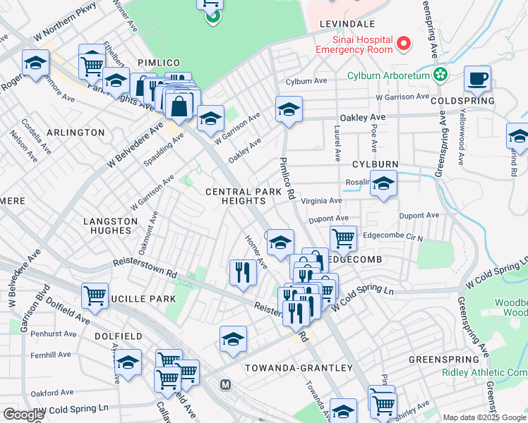 map of restaurants, bars, coffee shops, grocery stores, and more near 4701 Park Heights Avenue in Baltimore