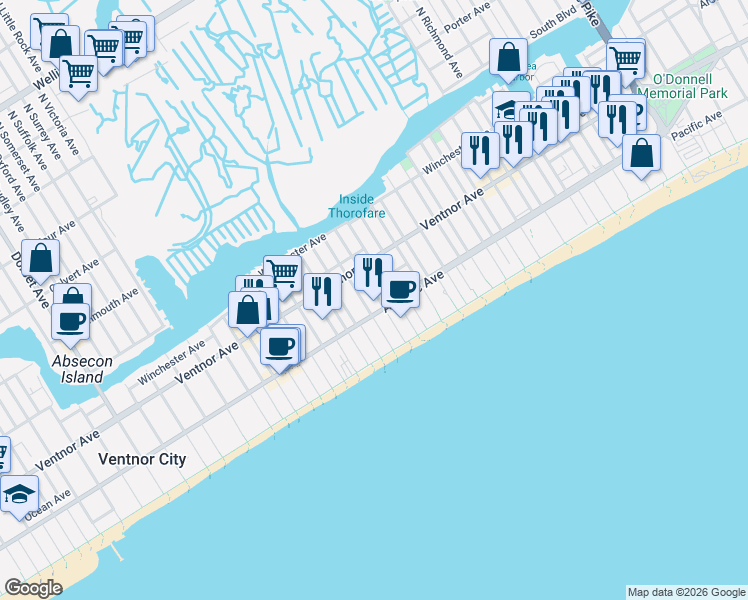 map of restaurants, bars, coffee shops, grocery stores, and more near 24 South Vassar Square in Ventnor City