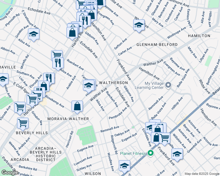 map of restaurants, bars, coffee shops, grocery stores, and more near 5107 Walther Avenue in Baltimore