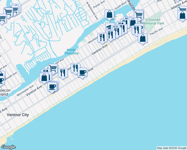 map of restaurants, bars, coffee shops, grocery stores, and more near 100 South Plaza Place in Atlantic City