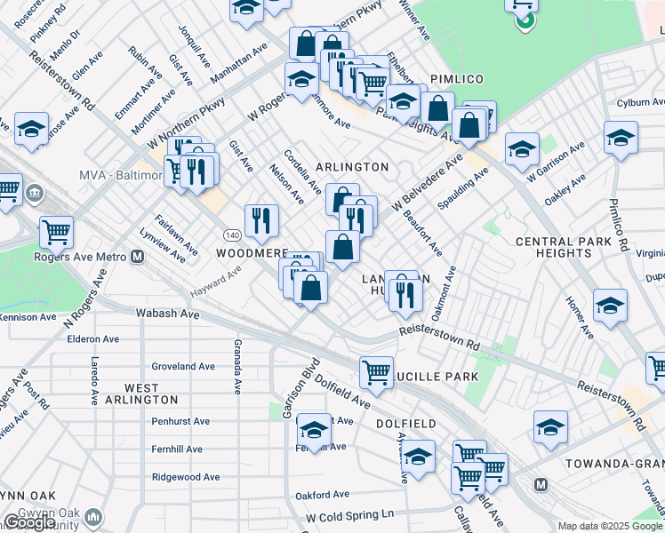 map of restaurants, bars, coffee shops, grocery stores, and more near 3916 West Belvedere Avenue in Baltimore