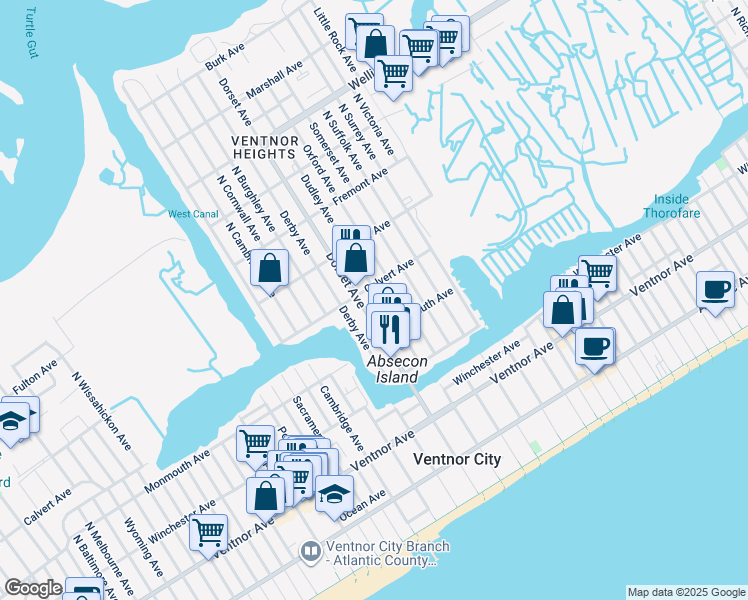 map of restaurants, bars, coffee shops, grocery stores, and more near 5700 Calvert Avenue in Ventnor City