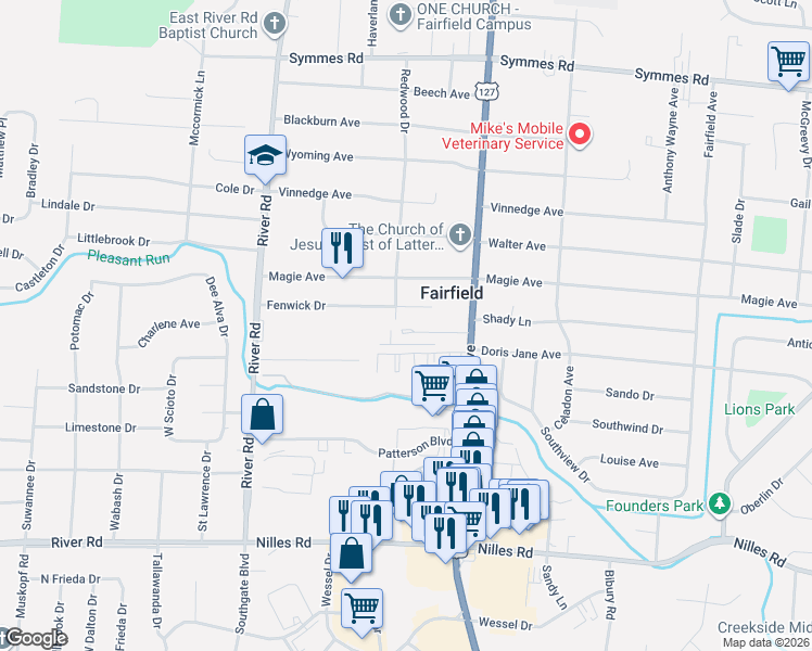 map of restaurants, bars, coffee shops, grocery stores, and more near 4911 Redwood Drive in Fairfield