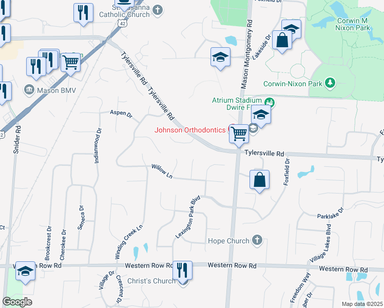 map of restaurants, bars, coffee shops, grocery stores, and more near 6513 Winners Circle in Mason