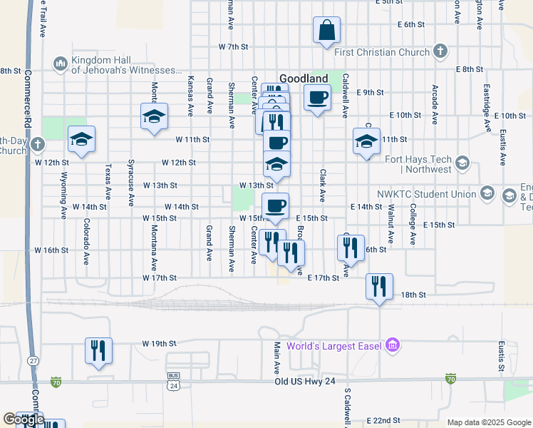 map of restaurants, bars, coffee shops, grocery stores, and more near 1311 Main Avenue in Goodland