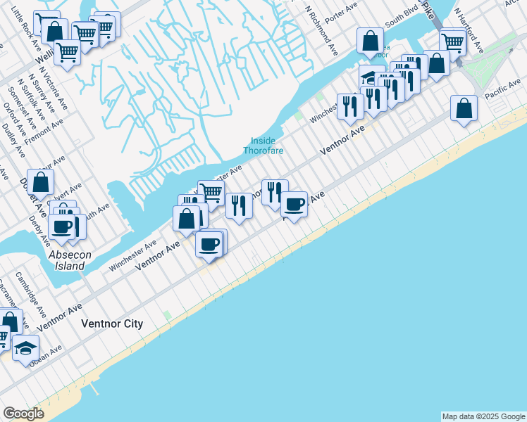 map of restaurants, bars, coffee shops, grocery stores, and more near 4 South Baton Rouge Avenue in Ventnor City