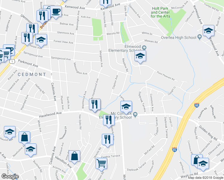 map of restaurants, bars, coffee shops, grocery stores, and more near 5932 Clayton Avenue in Baltimore