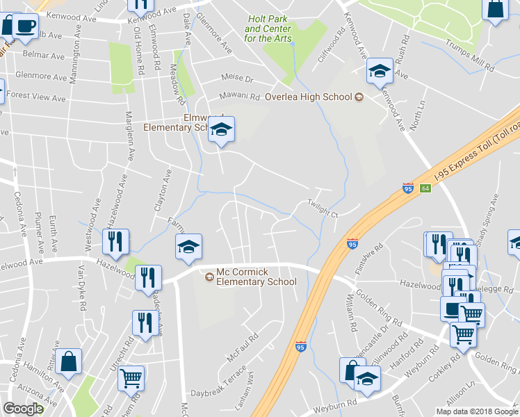 map of restaurants, bars, coffee shops, grocery stores, and more near 5845 Daybreak Terrace in Baltimore