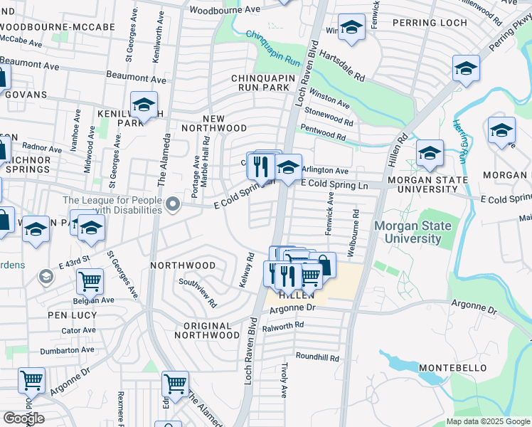 map of restaurants, bars, coffee shops, grocery stores, and more near 1422 Kingsway Road in Baltimore