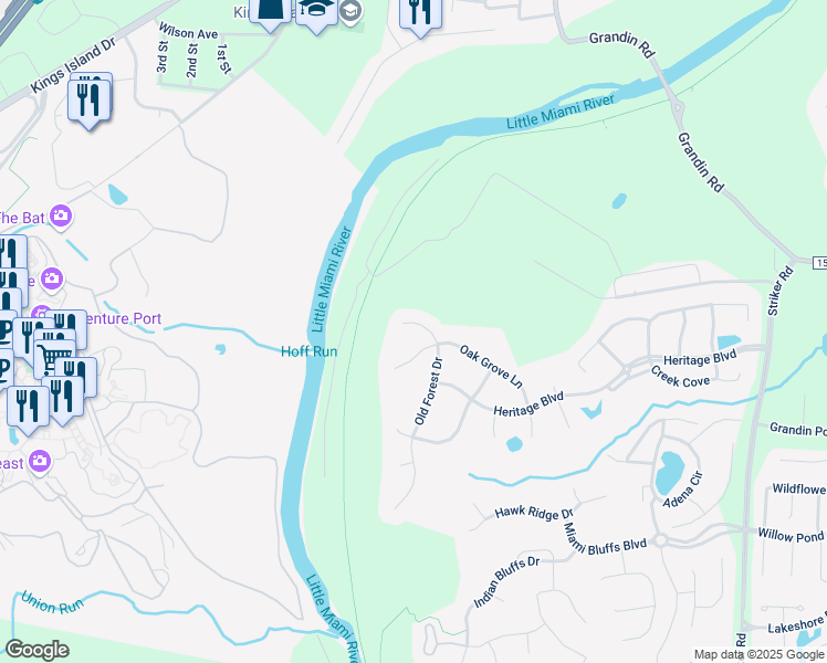 map of restaurants, bars, coffee shops, grocery stores, and more near 6113 Old Forest Drive in Maineville