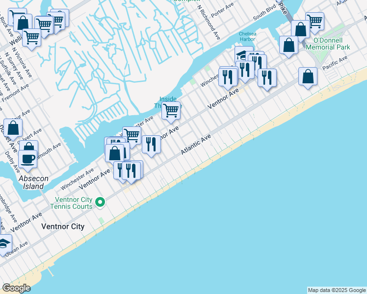 map of restaurants, bars, coffee shops, grocery stores, and more near 20 Jackson Avenue in Atlantic City