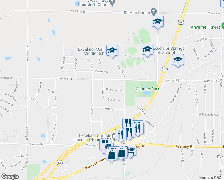 map of restaurants, bars, coffee shops, grocery stores, and more near 100 Briarwood Lane in Excelsior Springs