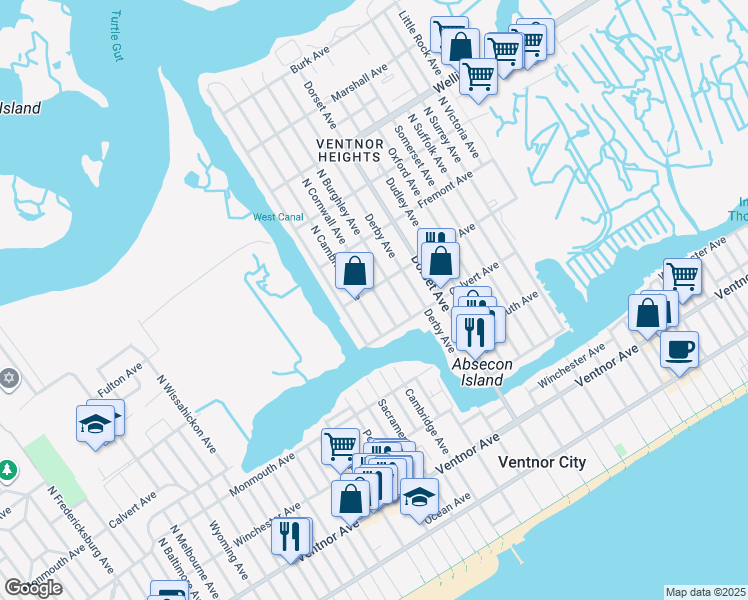 map of restaurants, bars, coffee shops, grocery stores, and more near 314 North Cornwall Avenue in Ventnor City