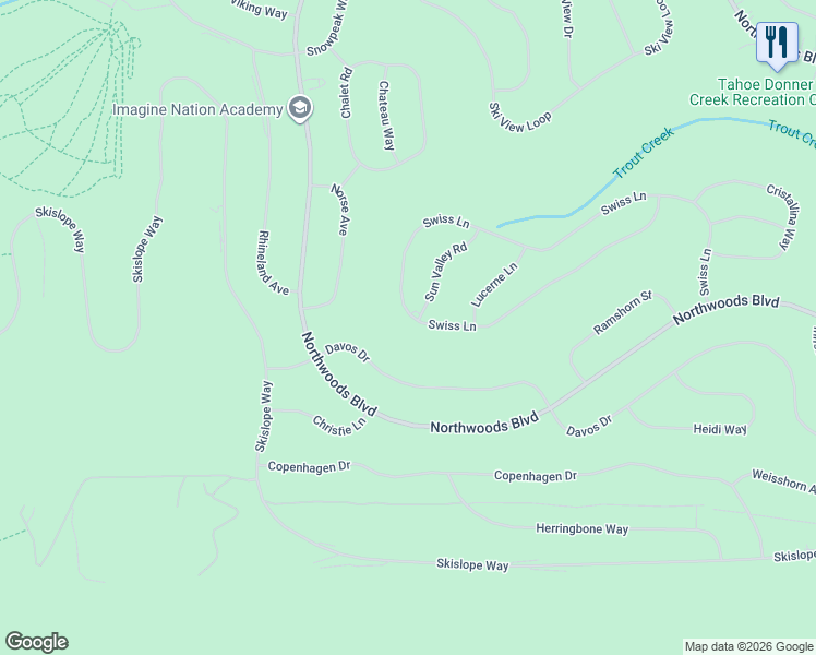 map of restaurants, bars, coffee shops, grocery stores, and more near 14686 Swiss Lane in Truckee