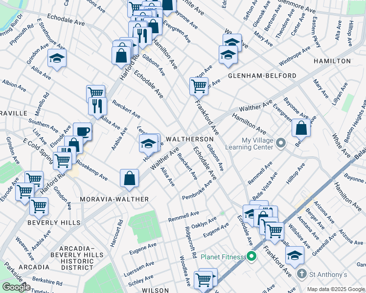 map of restaurants, bars, coffee shops, grocery stores, and more near 5107 Walther Avenue in Baltimore