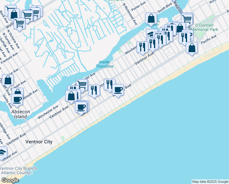 map of restaurants, bars, coffee shops, grocery stores, and more near 20 Jackson Avenue in Atlantic City