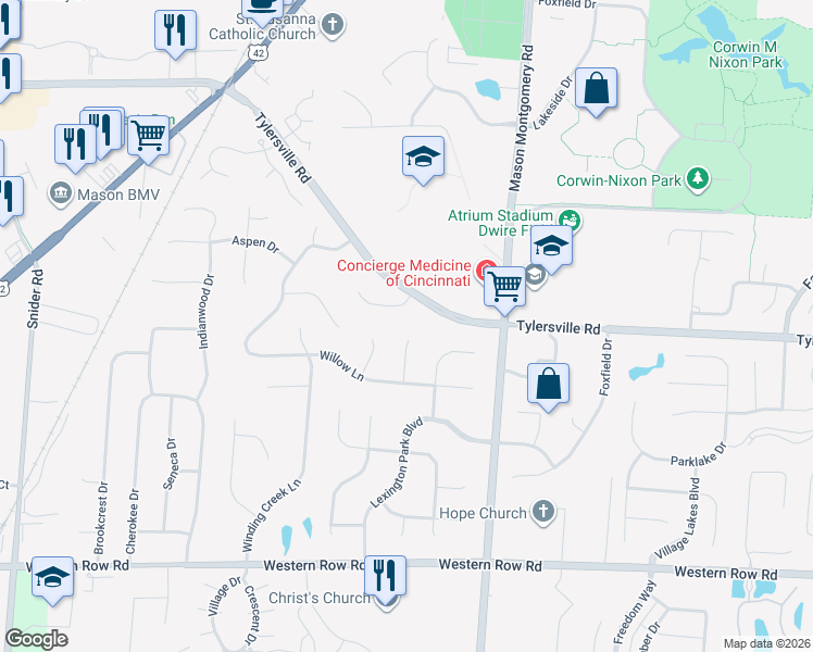 map of restaurants, bars, coffee shops, grocery stores, and more near 7520 Placid Lake Drive in Mason