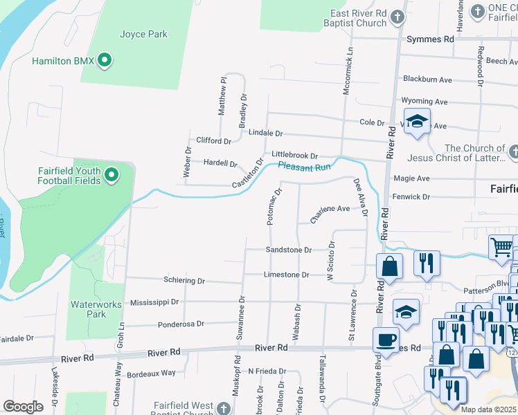map of restaurants, bars, coffee shops, grocery stores, and more near 4909 Potomac Drive in Fairfield