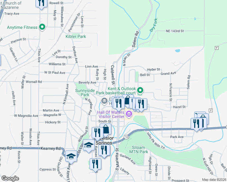 map of restaurants, bars, coffee shops, grocery stores, and more near 408 North Main Street in Excelsior Springs