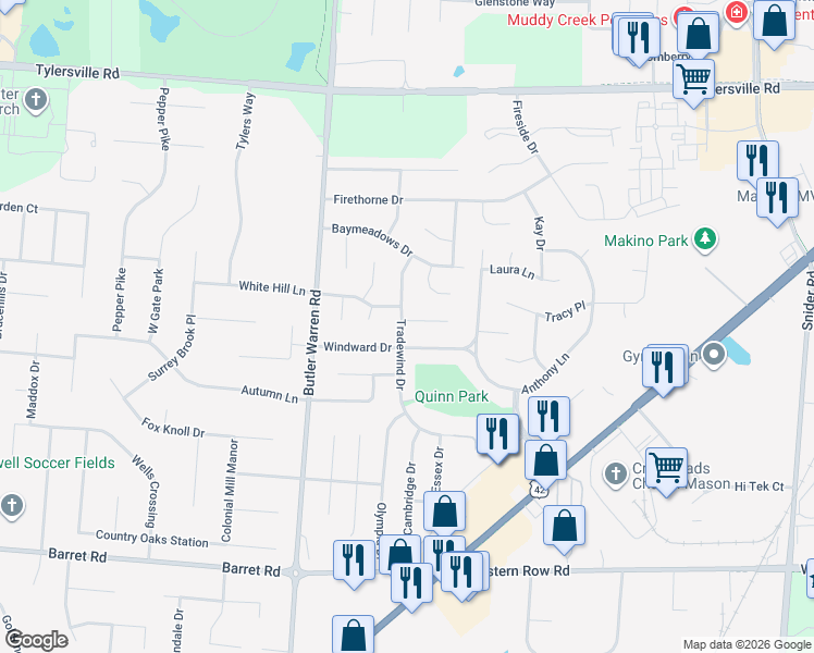 map of restaurants, bars, coffee shops, grocery stores, and more near 1350 Jennings Court in Mason