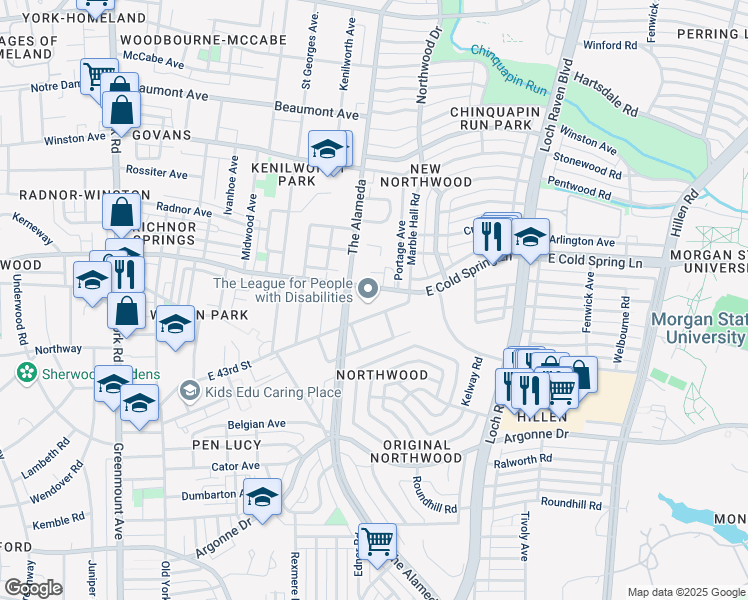 map of restaurants, bars, coffee shops, grocery stores, and more near 1111 East Cold Spring Lane in Baltimore