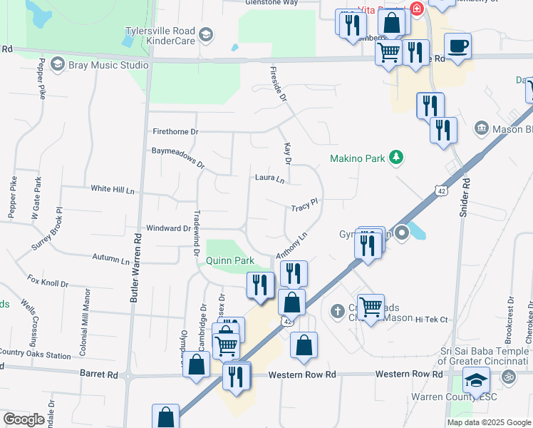 map of restaurants, bars, coffee shops, grocery stores, and more near 1280 Terry Court in Mason