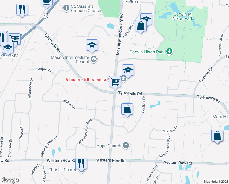 map of restaurants, bars, coffee shops, grocery stores, and more near Tylersville Road & Mason Montgomery Road in Mason