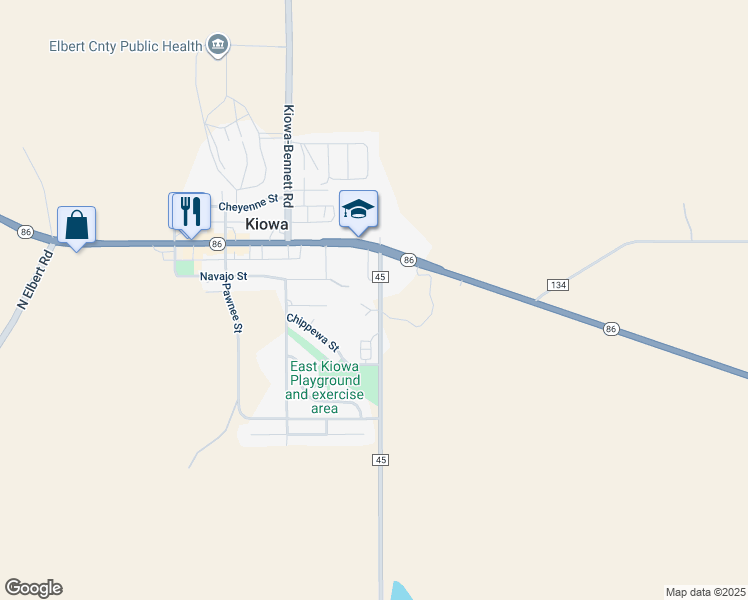 map of restaurants, bars, coffee shops, grocery stores, and more near 615 County Road 45 in Kiowa