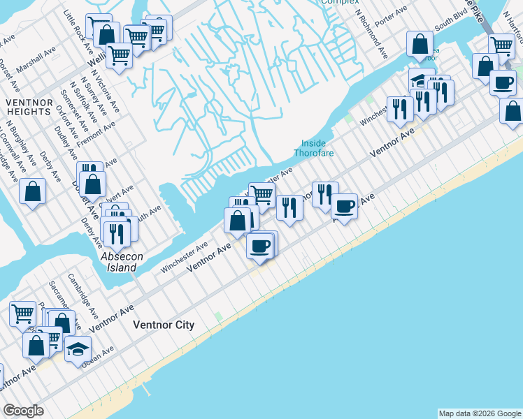 map of restaurants, bars, coffee shops, grocery stores, and more near 14 North Nashville Avenue in Ventnor City