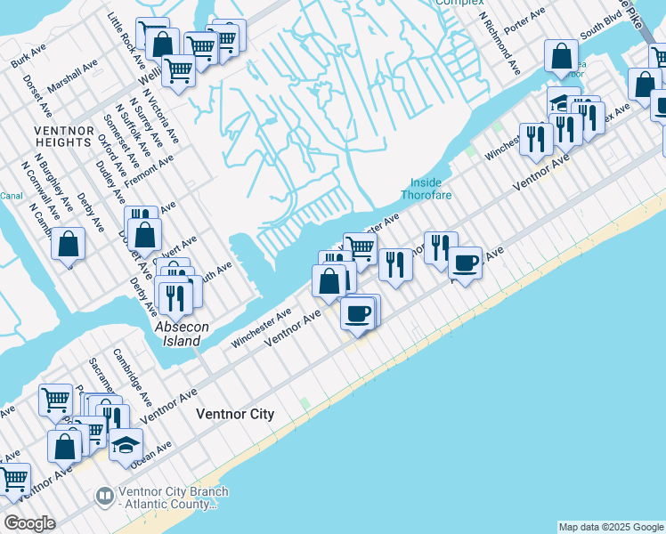 map of restaurants, bars, coffee shops, grocery stores, and more near 5207 Winchester Avenue in Ventnor City
