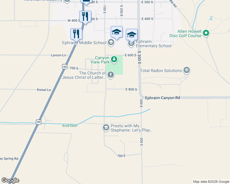 map of restaurants, bars, coffee shops, grocery stores, and more near 140 East 800 South in Ephraim