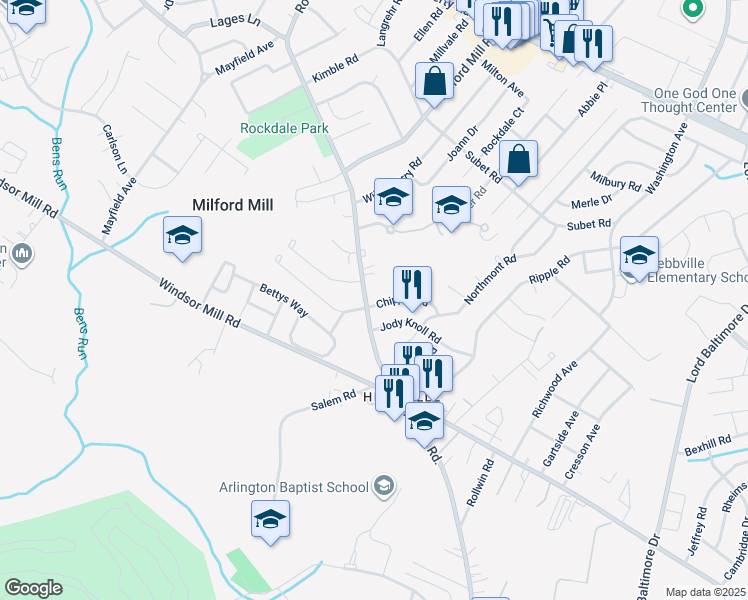 map of restaurants, bars, coffee shops, grocery stores, and more near 7928 Chipper Road in Milford Mill