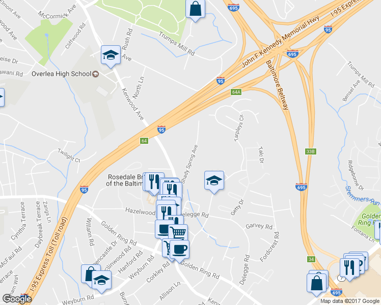 map of restaurants, bars, coffee shops, grocery stores, and more near 5921 Shady Spring Avenue in Rosedale