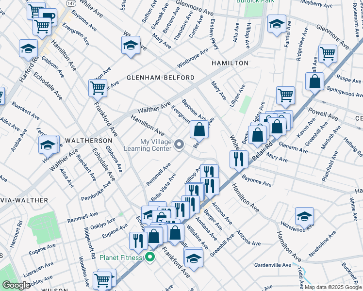 map of restaurants, bars, coffee shops, grocery stores, and more near 3902 Hamilton Avenue in Baltimore