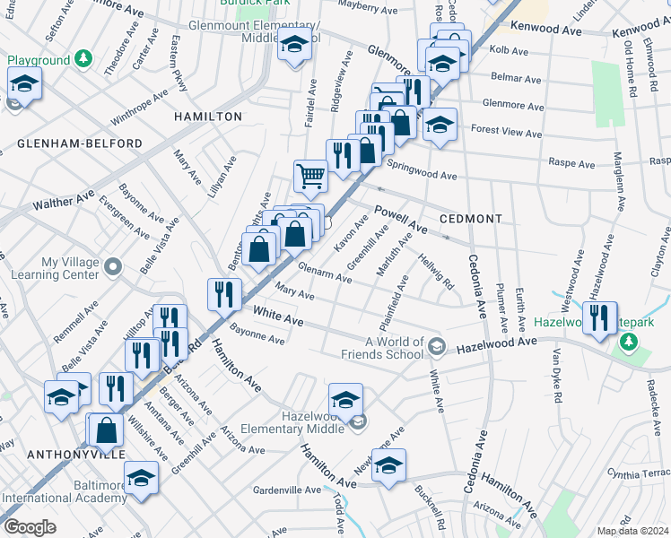 map of restaurants, bars, coffee shops, grocery stores, and more near 4306 Glenarm Avenue in Baltimore