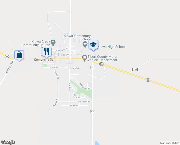 map of restaurants, bars, coffee shops, grocery stores, and more near 615 County Road 45 in Kiowa