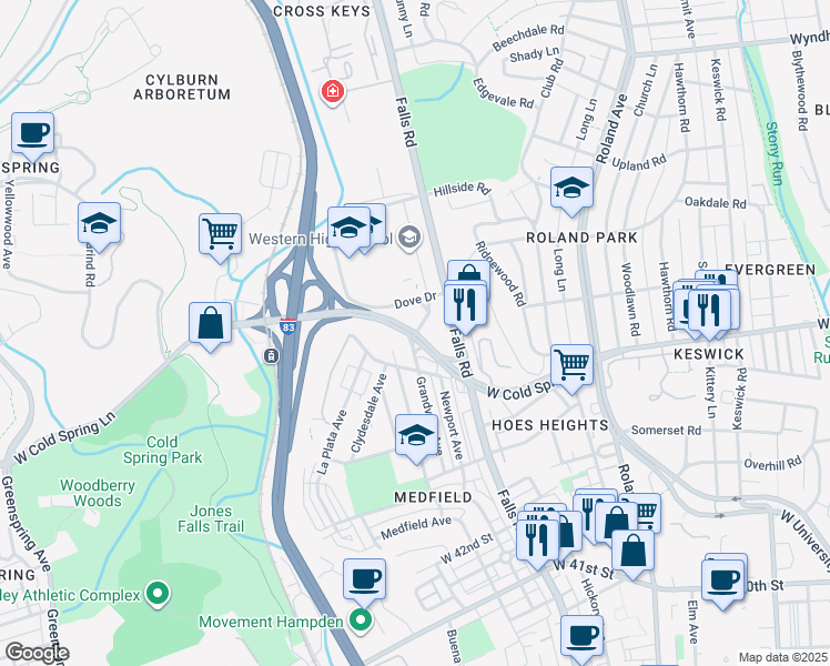 map of restaurants, bars, coffee shops, grocery stores, and more near 1300 West Cold Spring Lane in Baltimore