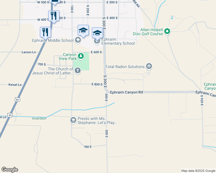 map of restaurants, bars, coffee shops, grocery stores, and more near 805 South 300 East in Ephraim