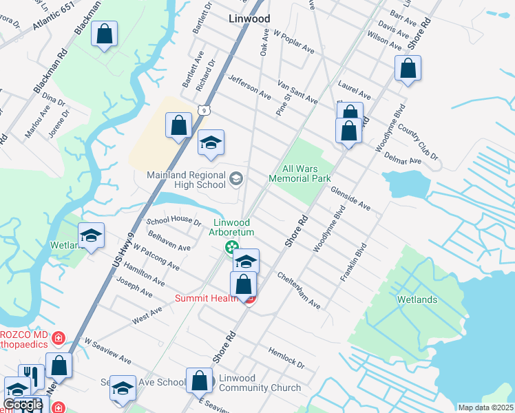 map of restaurants, bars, coffee shops, grocery stores, and more near Wabash Avenue in Linwood