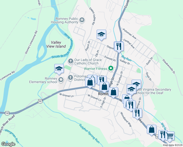map of restaurants, bars, coffee shops, grocery stores, and more near 340 W Birch Ln in Romney