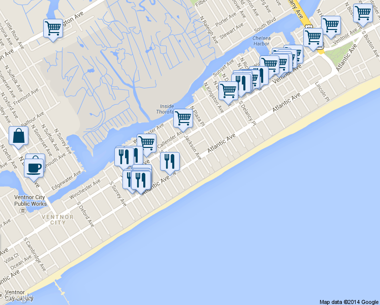 map of restaurants, bars, coffee shops, grocery stores, and more near 20 Jackson Avenue in Atlantic City