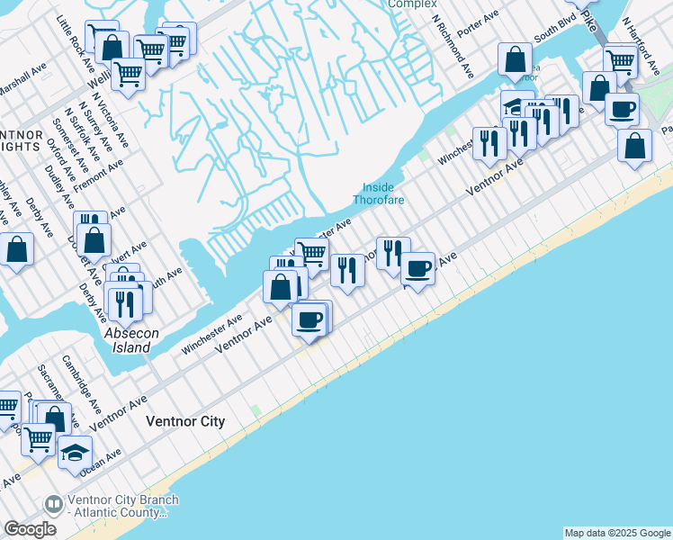 map of restaurants, bars, coffee shops, grocery stores, and more near 5001 Ventnor Avenue in Ventnor City