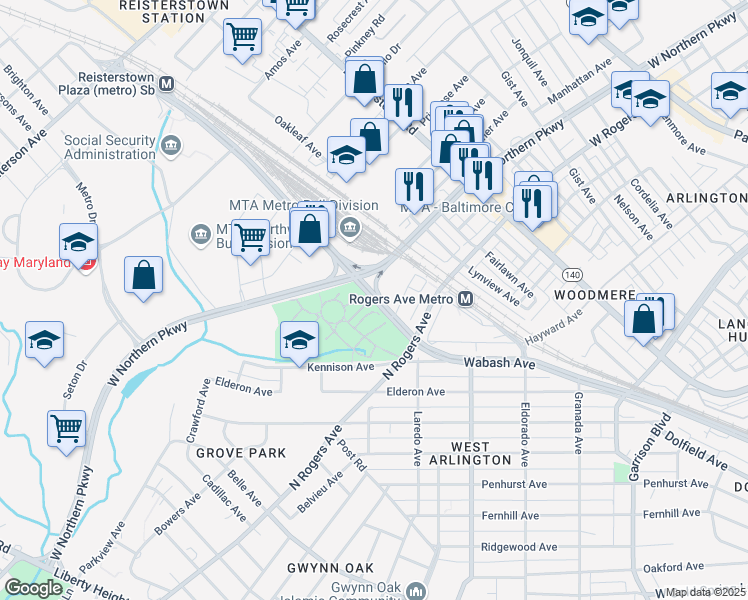 map of restaurants, bars, coffee shops, grocery stores, and more near 5732 Wabash Avenue in Baltimore