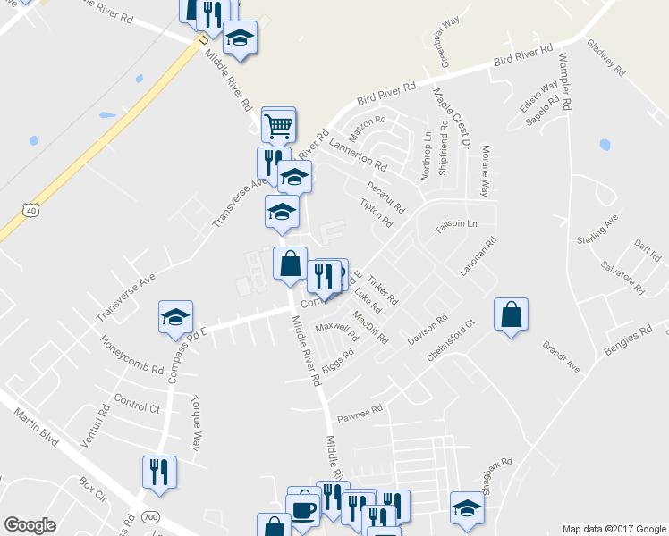 map of restaurants, bars, coffee shops, grocery stores, and more near 9734 Luguna Road in Middle River