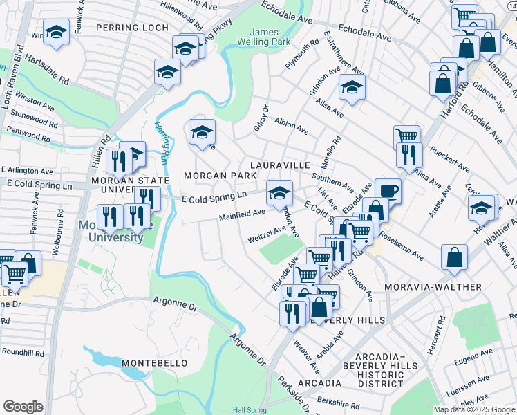 map of restaurants, bars, coffee shops, grocery stores, and more near 4514 Mainfield Avenue in Baltimore