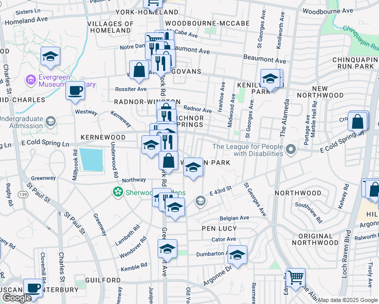 map of restaurants, bars, coffee shops, grocery stores, and more near 4706 Alhambra Avenue in Baltimore