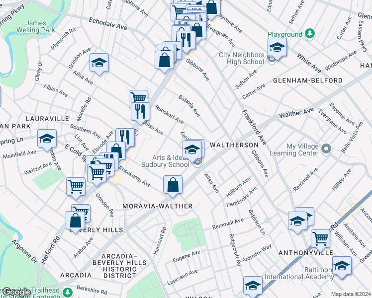 map of restaurants, bars, coffee shops, grocery stores, and more near 3300 Ailsa Avenue in Baltimore