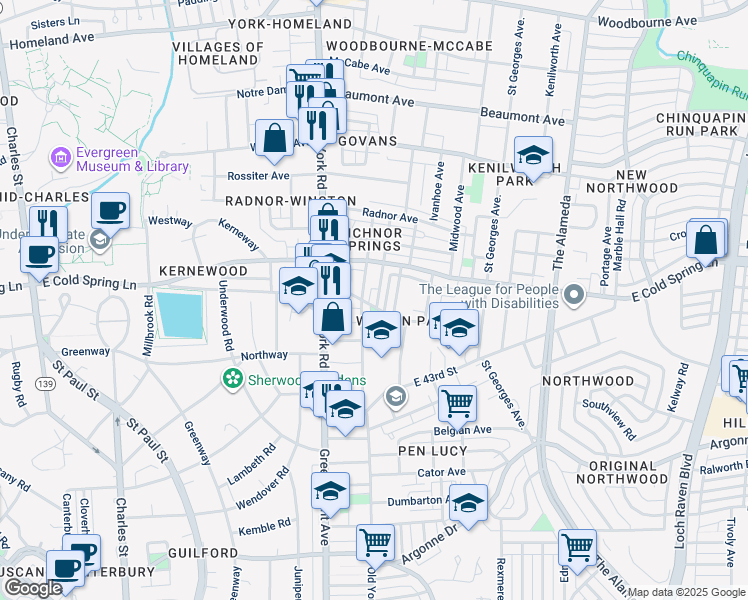 map of restaurants, bars, coffee shops, grocery stores, and more near 4706 Alhambra Avenue in Baltimore