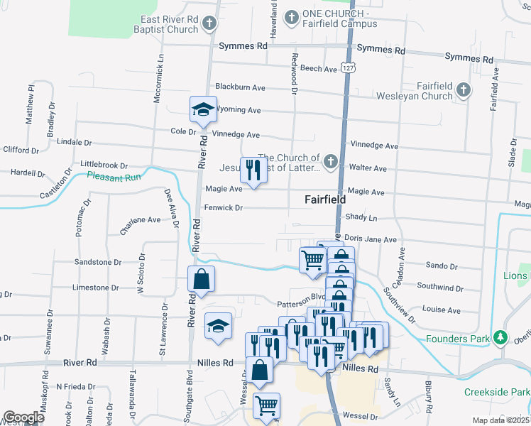 map of restaurants, bars, coffee shops, grocery stores, and more near 427 Fenwick Drive in Fairfield